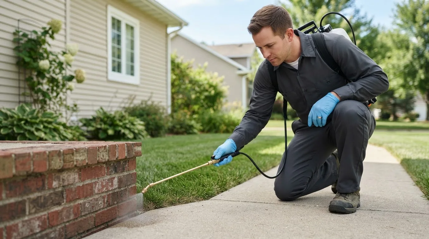 Pest control technician treating a home near Panora, IA