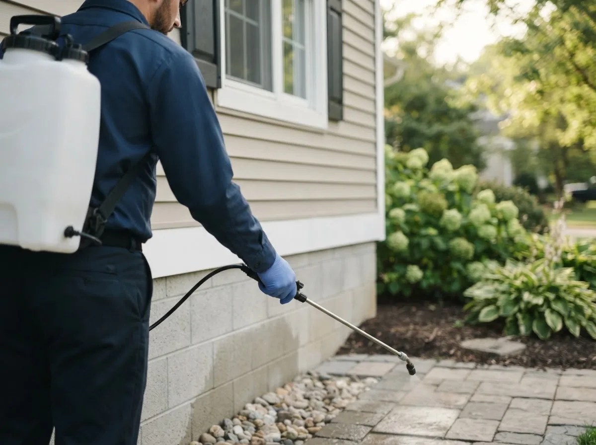 Pest control technician inspecting a home in Panora, IA